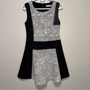 Hunter Bell NY Black White Floral Fit & Flare Dress Leather Trim Size 4